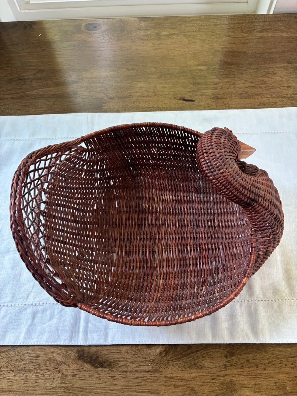 Vintage Handwoven Brown Wicker Goose w/ Hand Carved Wood Beak Cottagecore Decor